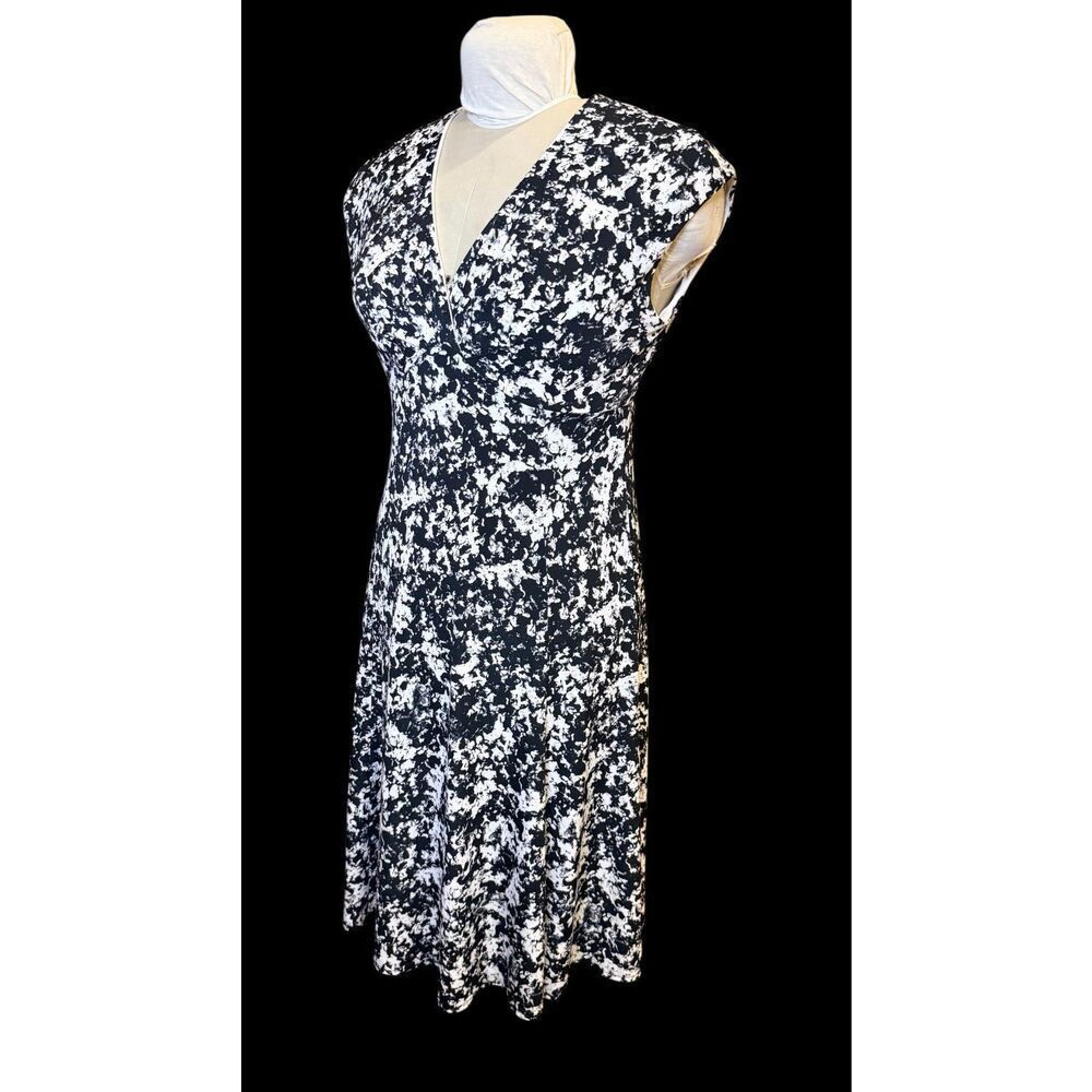 Kasper Black & White Geometric Print Faux Wrap Dress Sz. 10 Sleeveless